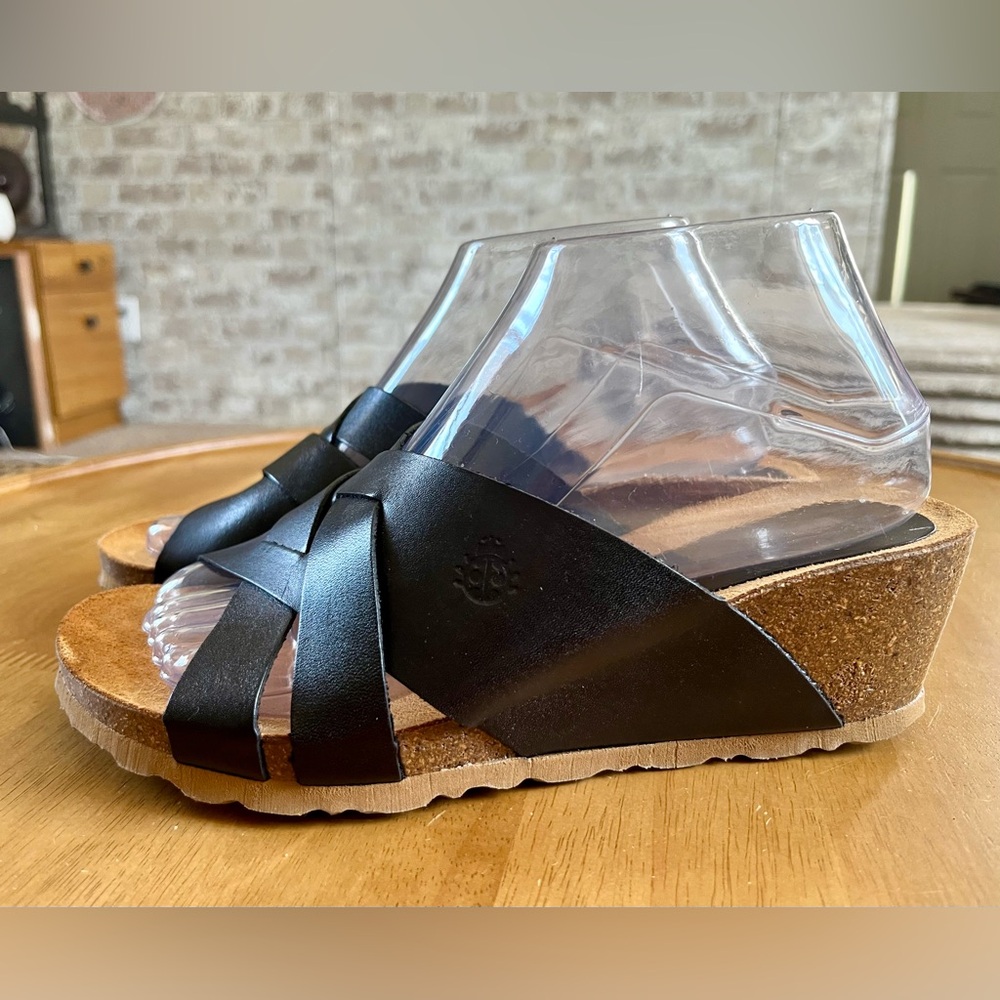 Yokono Spain Black Leather Cork Wedge Sandals Comfort Slide Boho Platform Women